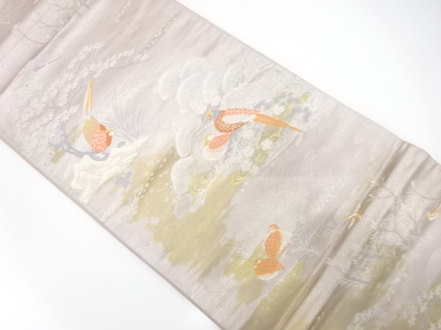 JAPANESE KIMONO / ANTIQUE FUKURO OBI / SILK / WOVEN STREAM & BIRDS & PINE